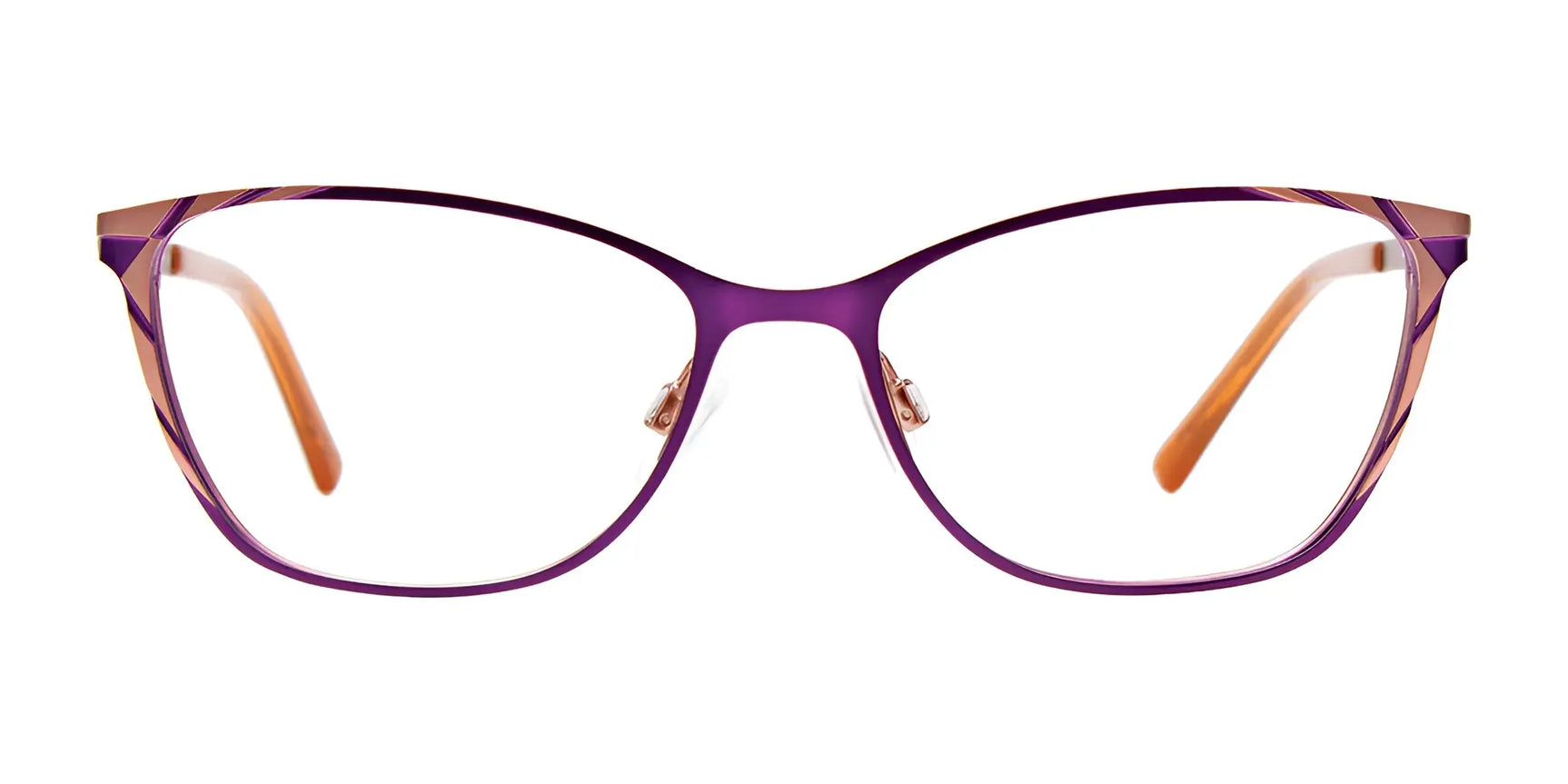 EasyClip EC591 Eyeglasses frames in purple with orange temple tips, shown from the front on a white background. Includes clip-on sunglasses. Size 52.