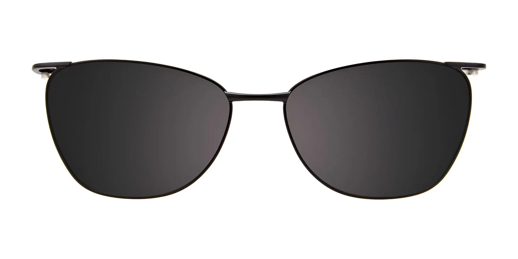 EasyClip EC591 Eyeglasses with Clip-on Sunglasses by EasyClip (Size 52) shown with black cat-eye polarized clip-on lenses and thin metal frames on a white background.