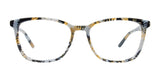 EasyClip EC686 Eyeglasses by EasyClip feature a marbled black, white, gray, and yellow rectangular frame in size 52. Includes convenient clip-on sunglasses for versatile style and sun protection.