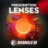 A stack of colorful RE Ranger Spare Prescription Lenses surrounds a clay target, with "Prescription Lenses" and "RE Ranger" above.