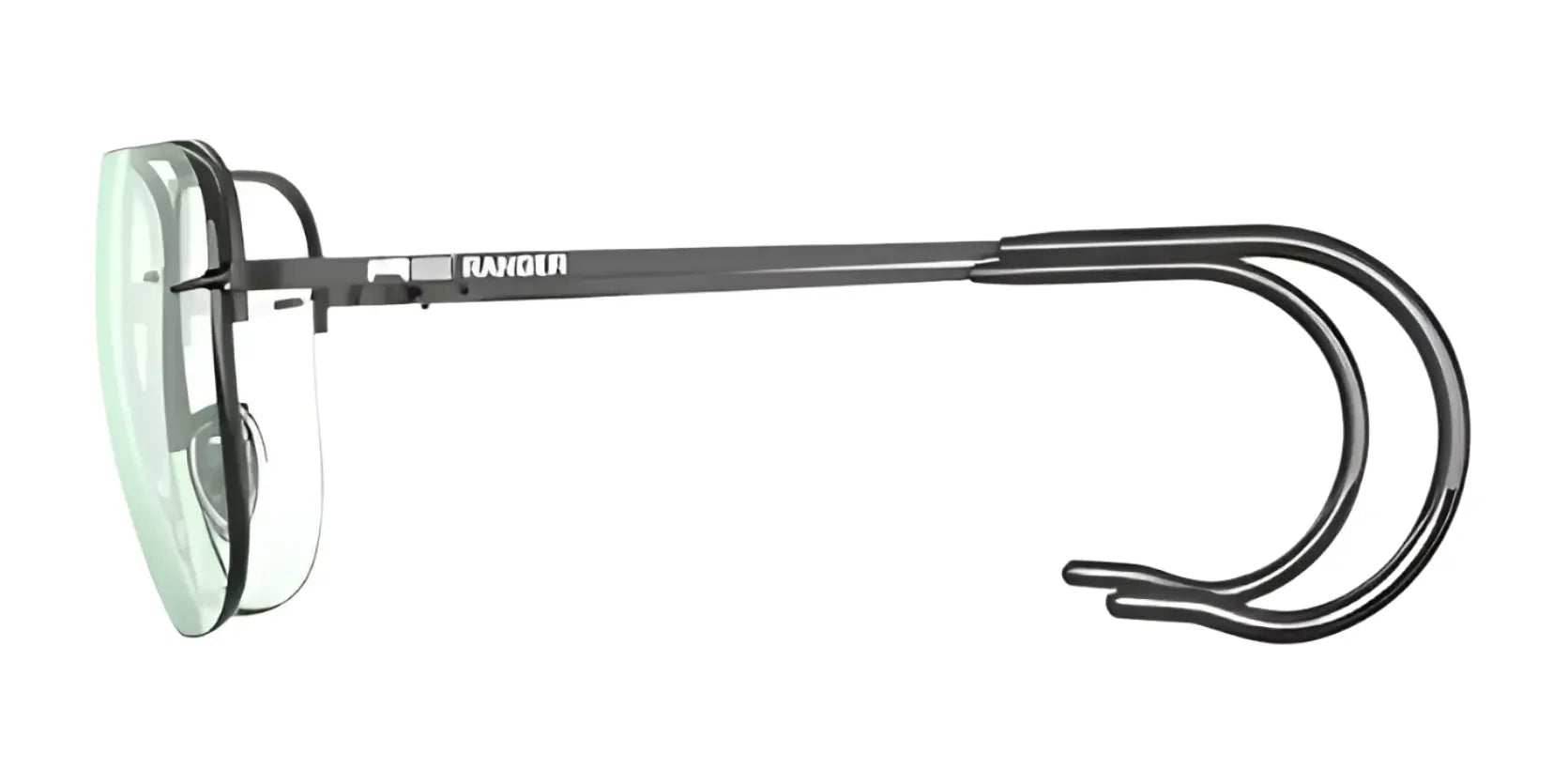 Side view of RE Ranger Classic Shooting Glasses with black frame, featuring a distinctive two-pronged temple design and advanced RIACT A.I. Lenses for enhanced visual clarity.