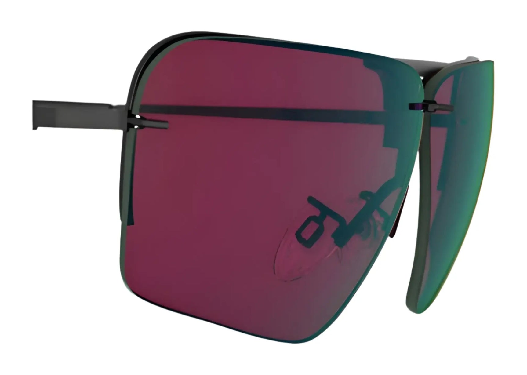 Close-up of RE Ranger Edge Lens oversized sunglasses by RE Ranger, featuring red-tinted square lenses with Claysight Lens Technology and thin black frames, set against a white background. Close-up of RE Ranger Edge Lens oversized sunglasses by RE Ranger, featuring red-tinted square lenses with Claysight Lens Technology and thin black frames, set against a white background.