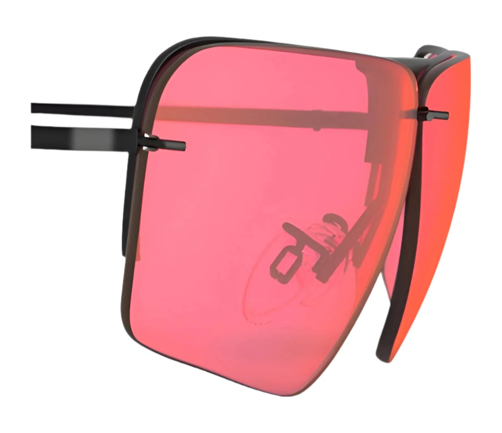 Close-up of RE Ranger Edge Lens sunglasses by RE Ranger, featuring large pink-tinted lenses and thin black frames, viewed from the side.