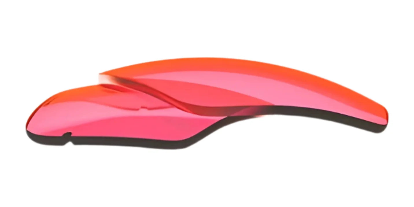 Two overlapping, curved, translucent red and pink plastic shapes on a white background, evoking the innovative design of the RE Ranger Edge Lens by RE Ranger.