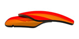 Two orange and red, curved, layered plastic shapes with black edges on a white background showcase RE Ranger Edge Lens technology by RE Ranger.