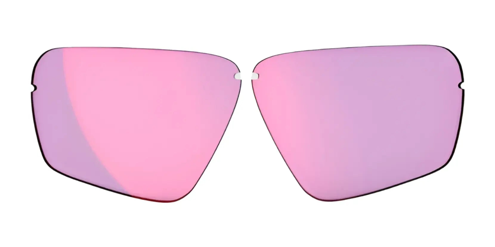 A pair of pink-tinted, frameless RE Ranger Edge lenses with Claysight Lens Technology, shown on a white background. A pair of pink-tinted, frameless RE Ranger Edge lenses with Claysight Lens Technology, shown on a white background.
