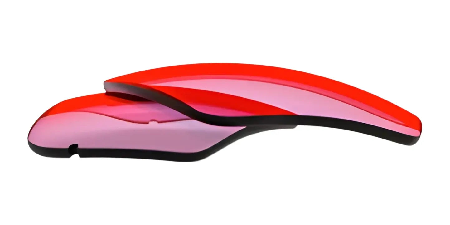 Two curved, shiny RE Ranger Edge Lenses in red and pink, featuring Claysight Lens Technology from RE Ranger, are stacked on a white background.