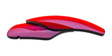 Two curved, red-tinted RE Ranger Edge Lenses by RE Ranger stacked on a white background, perfect as shooting lenses for precision and clarity.