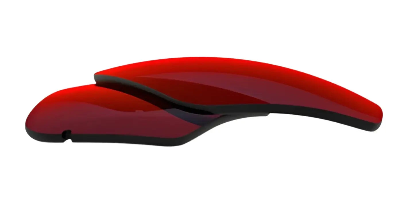 A sleek, curved red and black computer mouse with a futuristic design on a white background, inspired by the precision of RE Ranger Edge Lenses from RE Ranger.