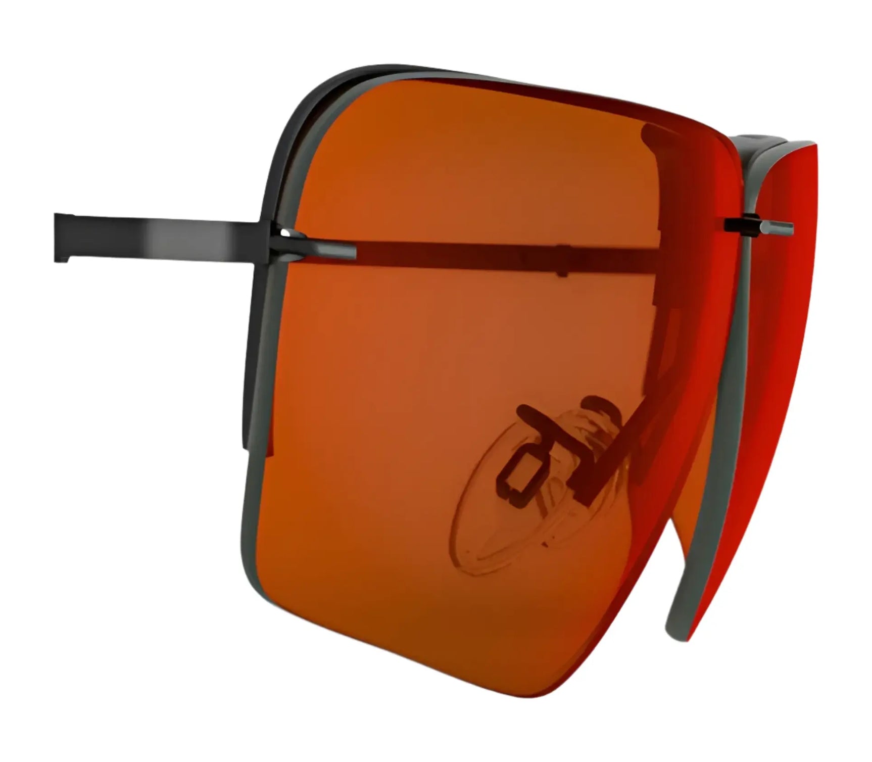 RE Ranger Edge Lens sunglasses by RE Ranger, featuring large orange-tinted visors with black frames, visible nose pads, and Claysight Lens Technology for enhanced clarity, shown in a side view.