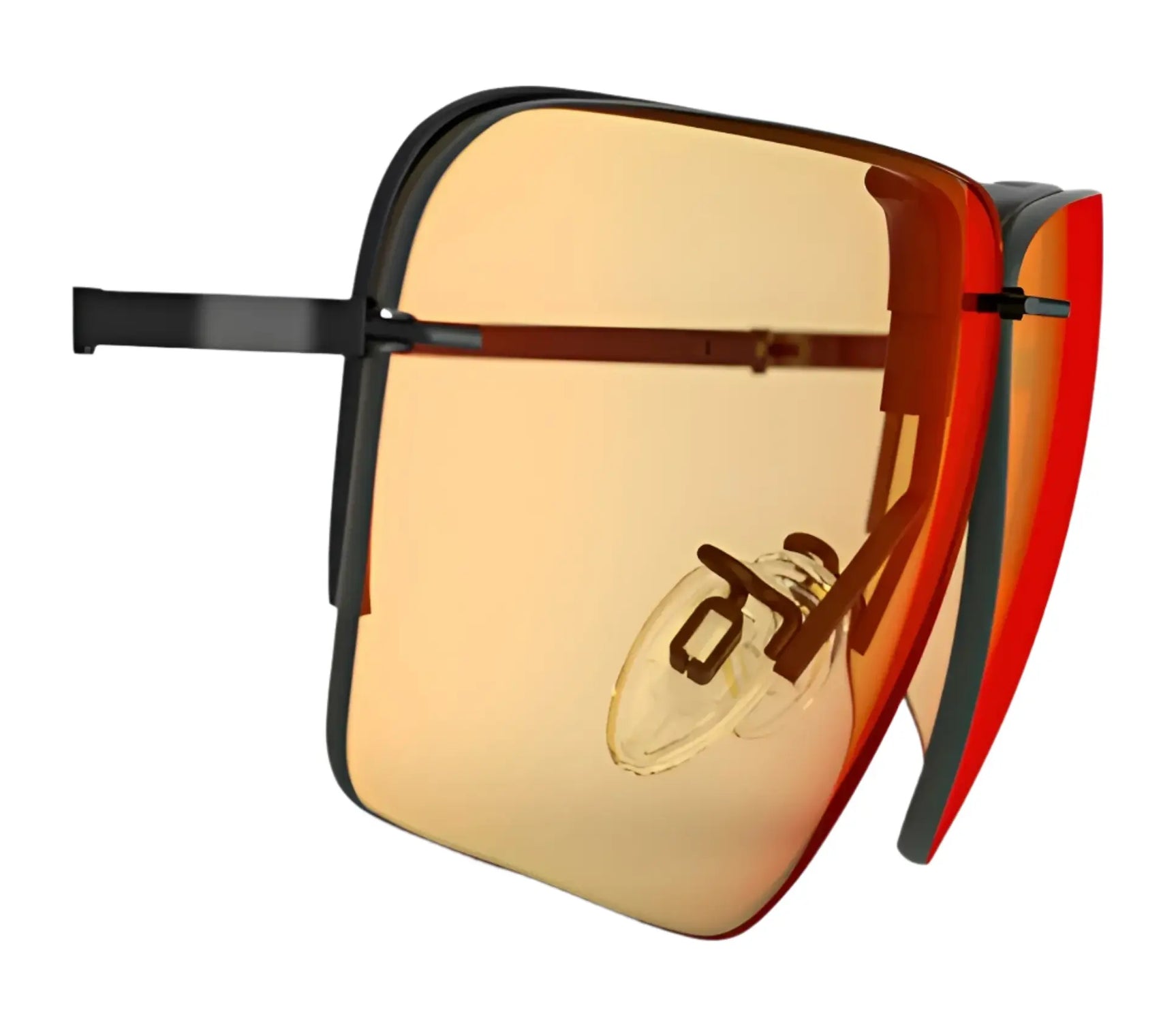 RE Ranger Edge Lens sunglasses by RE Ranger, featuring square frames with orange-tinted CMT lenses and a black frame, displayed from a side angle on a white background. RE Ranger Edge Lens sunglasses by RE Ranger, featuring square frames with orange-tinted CMT lenses and a black frame, displayed from a side angle on a white background.