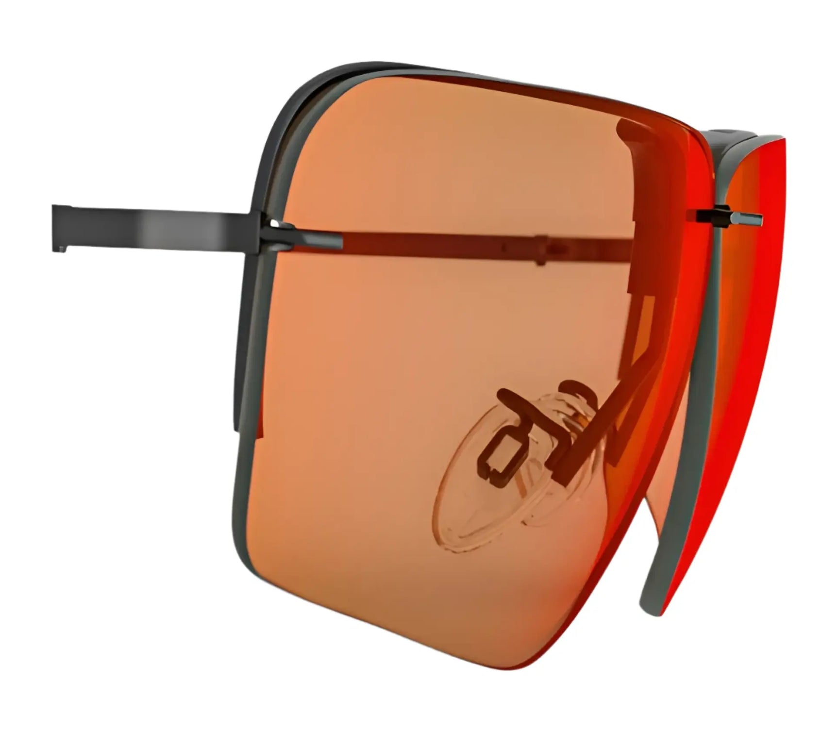 RE Ranger Edge Lens rectangular sunglasses with orange-tinted Claysight Lens Technology and black frames by RE Ranger, shown from an angle on a white background. RE Ranger Edge Lens rectangular sunglasses with orange-tinted Claysight Lens Technology and black frames by RE Ranger, shown from an angle on a white background.