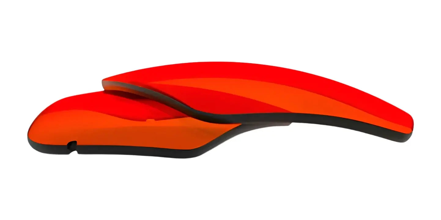 Two overlapping, curved RE Ranger Edge Lenses in red and orange with a smooth, glossy surface on white, inspired by advanced CMT Lens and Claysight Lens Technology from RE Ranger.