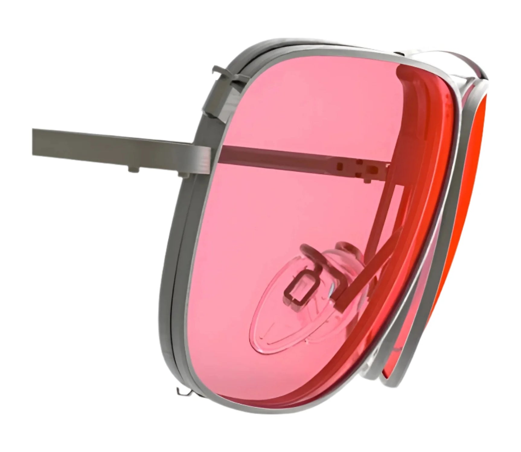 Close-up of RE Ranger Sporter Clip-On Lens eyeglasses showcasing a sleek metallic frame and pink-tinted lens by RE Ranger for a stylish, modern appearance. Close-up of RE Ranger Sporter Clip-On Lens eyeglasses showcasing a sleek metallic frame and pink-tinted lens by RE Ranger for a stylish, modern appearance.