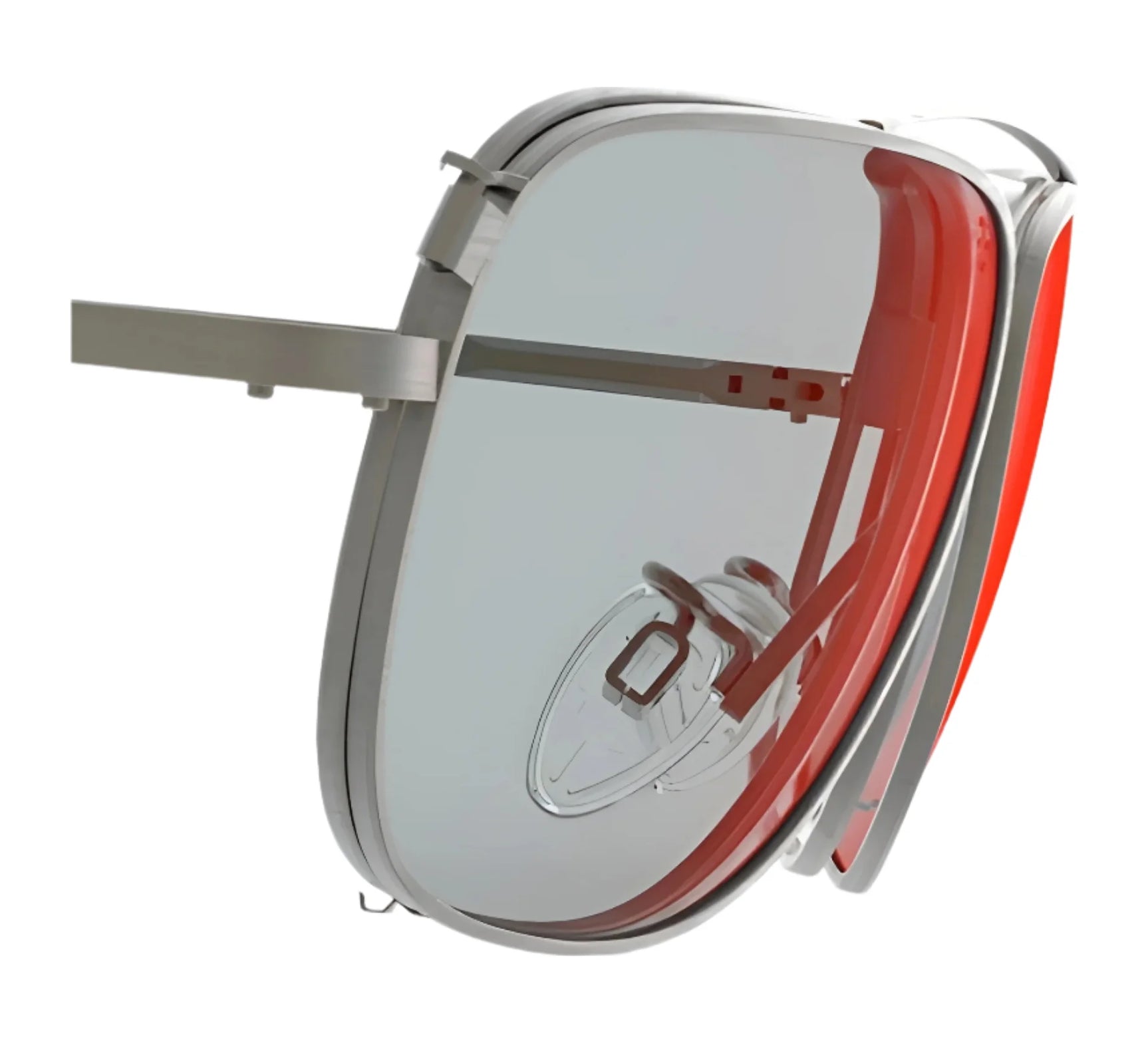 A close-up of the right lens and frame of RE Ranger Sporter Clip-On Lens, a modern, partially transparent headset by RE Ranger designed for seamless adaptation to changing light conditions.