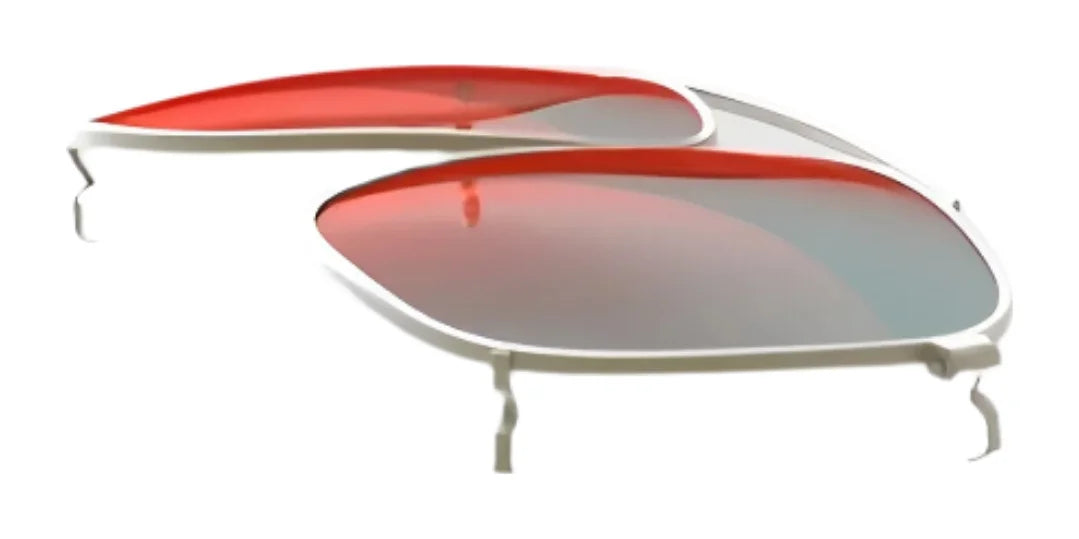 Two RE Ranger Sporter Clip-On Lens pairs with white frames and red-tinted lenses, overlapping on a white background—ideal for changing light conditions. Brand: RE Ranger.