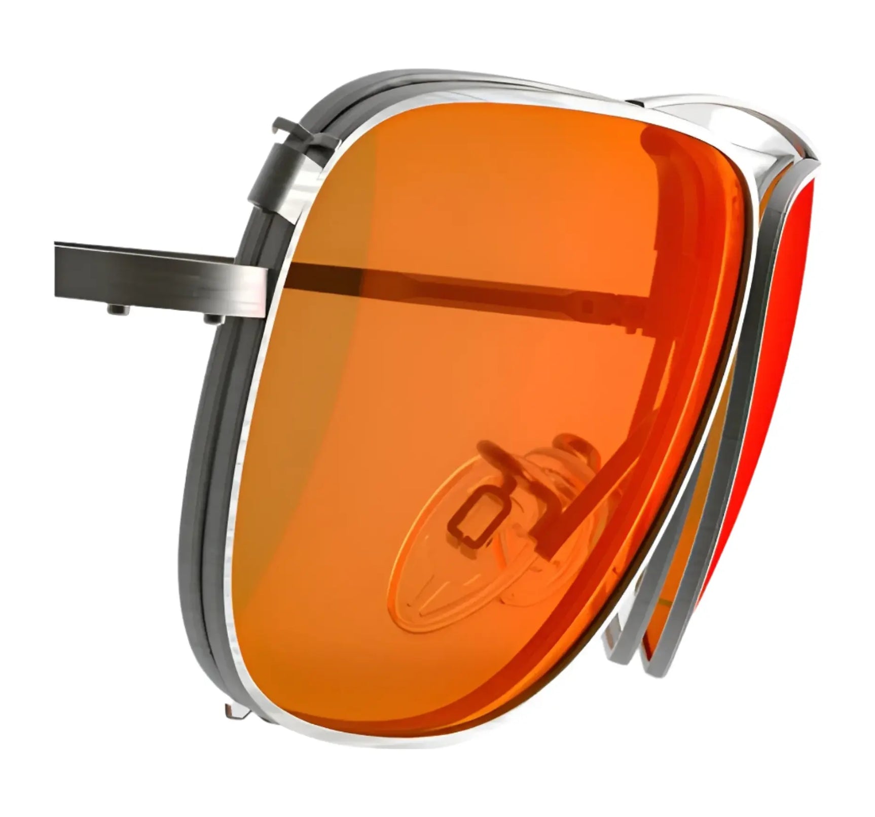 Close-up of RE Ranger Sporter Clip-On Lens sunglasses featuring orange-tinted lenses and a metallic frame, shown at an angle against a white background. Close-up of RE Ranger Sporter Clip-On Lens sunglasses featuring orange-tinted lenses and a metallic frame, shown at an angle against a white background.