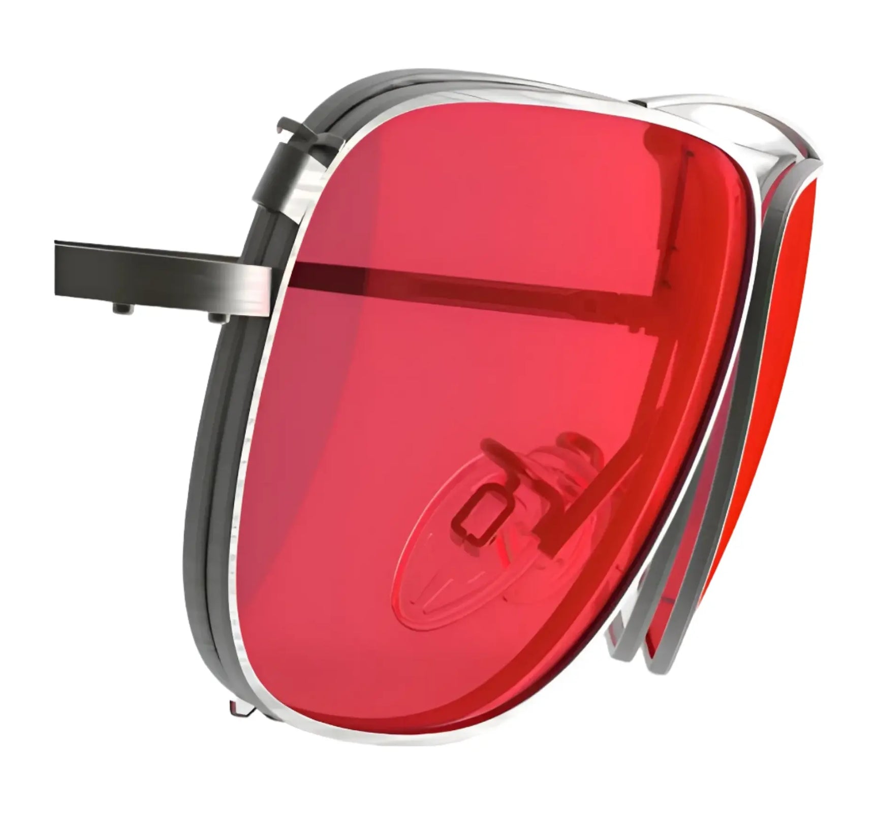 A close-up of RE Ranger Sporter Clip-On Lens safety eyewear by RE Ranger, featuring a sleek, modern metallic frame and red-tinted lens, displayed from the side.