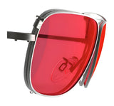 A close-up of RE Ranger Sporter Clip-On Lens safety eyewear by RE Ranger, featuring a sleek, modern metallic frame and red-tinted lens, displayed from the side.