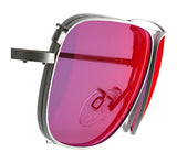Close-up of RE Ranger Sporter Clip-On Lens with pink-tinted lenses and silver frames, designed to adapt to changing light conditions, shown against a white background.