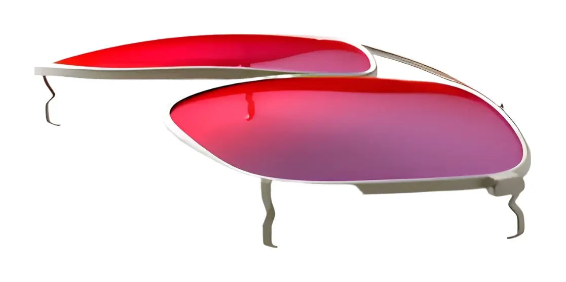 Two pairs of RE Ranger Sporter Clip-On Lens sunglasses by RE Ranger, featuring frameless red-tinted lenses and thin metal arms, are displayed on a white background for stylish eye protection in varying light conditions. Two pairs of RE Ranger Sporter Clip-On Lens sunglasses by RE Ranger, featuring frameless red-tinted lenses and thin metal arms, are displayed on a white background for stylish eye protection in varying light conditions.