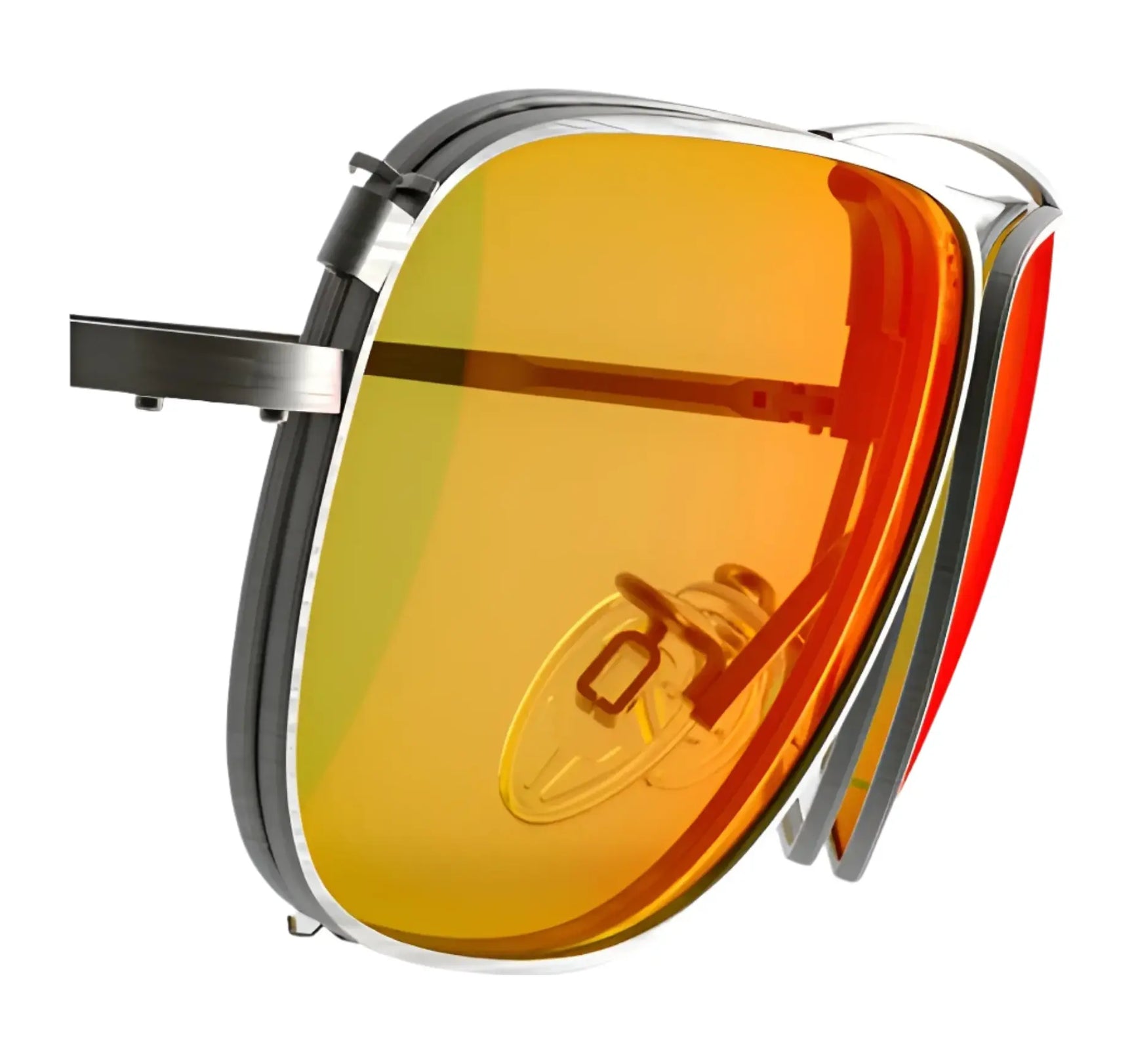 Close-up of RE Ranger Sporter Clip-On Lens by RE Ranger, showcasing orange-tinted, reflective RIACT A.I. lens with a sleek metallic frame against a white background.