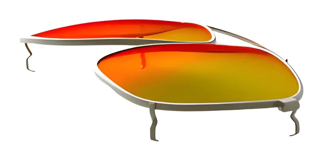 Two pairs of RE Ranger Sporter Clip-On Lens sunglasses with orange-yellow mirrored RIACT A.I. lenses are shown on a white background. Two pairs of RE Ranger Sporter Clip-On Lens sunglasses with orange-yellow mirrored RIACT A.I. lenses are shown on a white background.