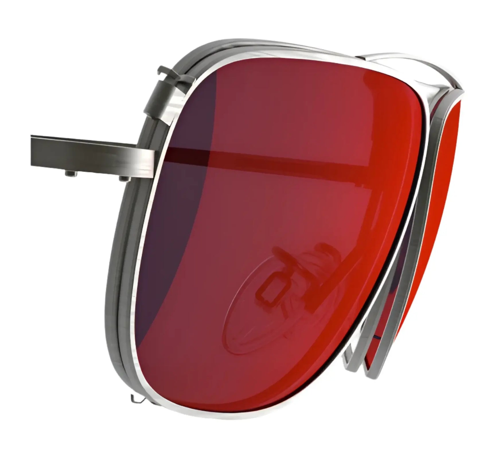 The RE Ranger Sporter Clip-On Lens by RE Ranger is shown from a side angle on a white background, featuring metallic frames with red-tinted aviator-style lenses and RIACT A.I. Sporter lens technology for optimal vision in changing light conditions.