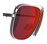 The RE Ranger Sporter Clip-On Lens by RE Ranger is shown from a side angle on a white background, featuring metallic frames with red-tinted aviator-style lenses and RIACT A.I. Sporter lens technology for optimal vision in changing light conditions.