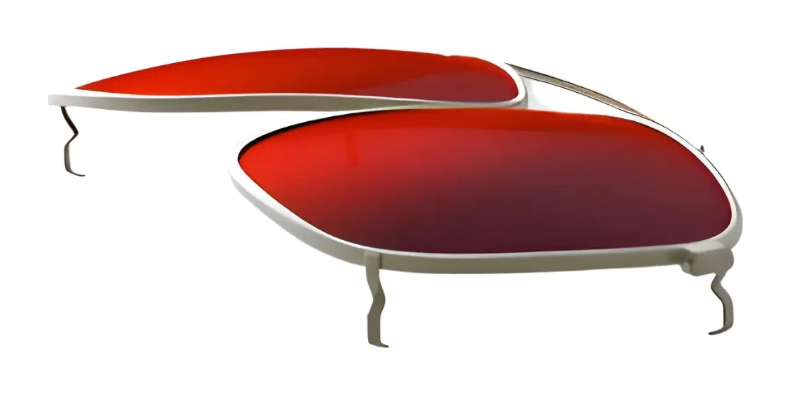 Two RE Ranger Sporter Clip-On Lenses in red tint with slim silver frames, unattached from temples, are shown on a white background—perfect for adapting to changing light conditions.