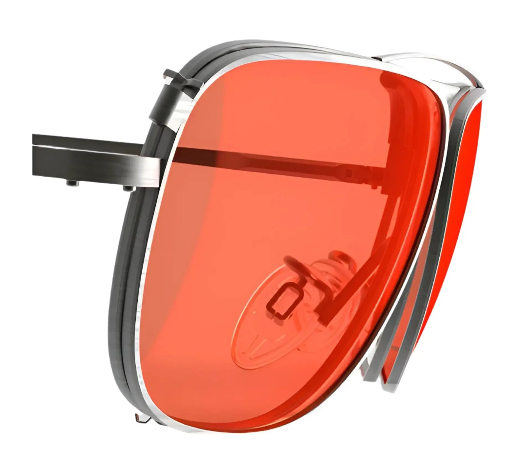 Close-up of RE Ranger Sporter Clip-On Lens with large, red-tinted RIACT A.I. lenses and a sleek metal frame by RE Ranger, viewed from the side. Close-up of RE Ranger Sporter Clip-On Lens with large, red-tinted RIACT A.I. lenses and a sleek metal frame by RE Ranger, viewed from the side.