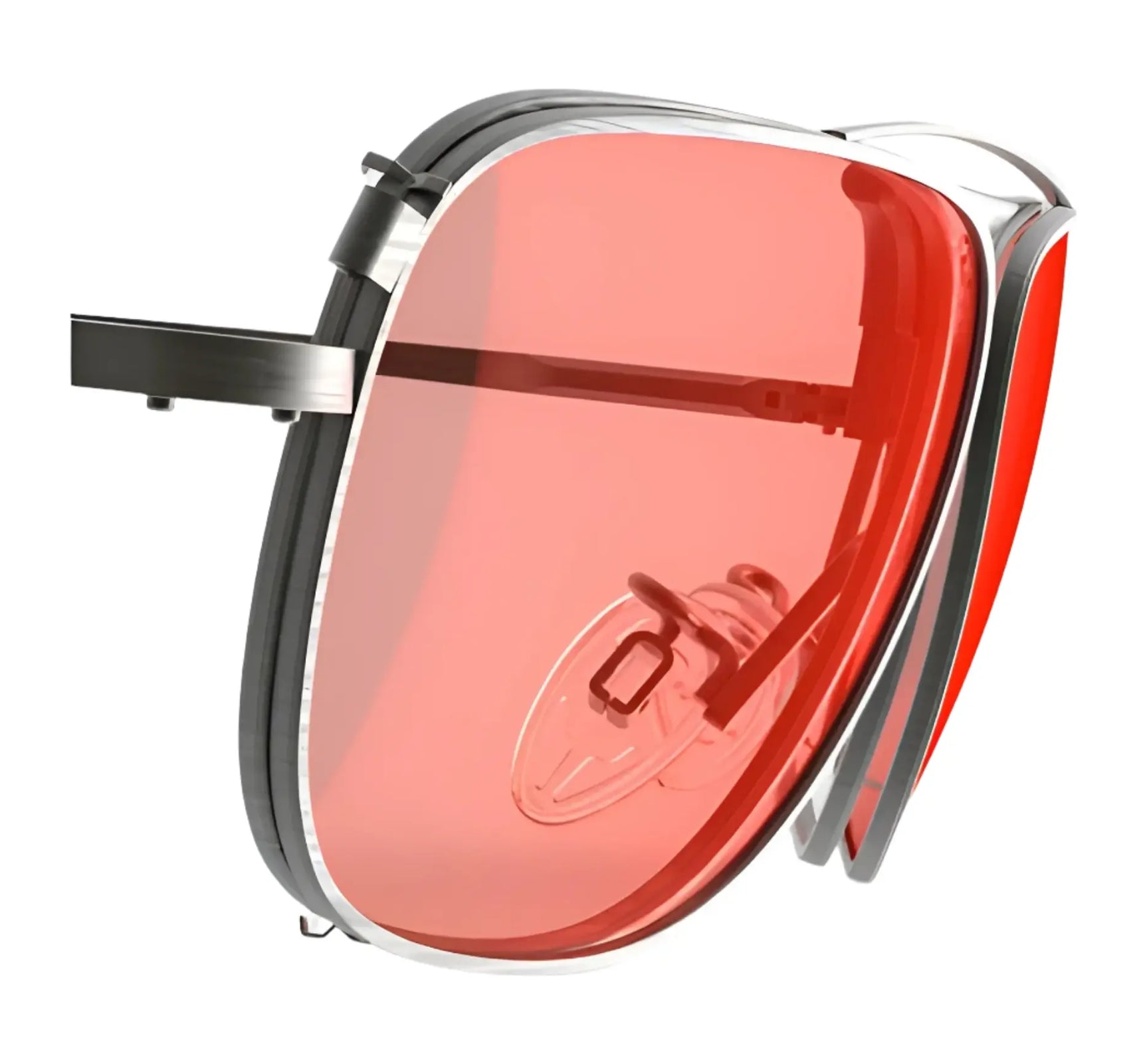 Close-up of the RE Ranger Sporter Clip-On Lens with pink-tinted lenses, silver frame, and nose pad by RE Ranger, isolated on a white background.