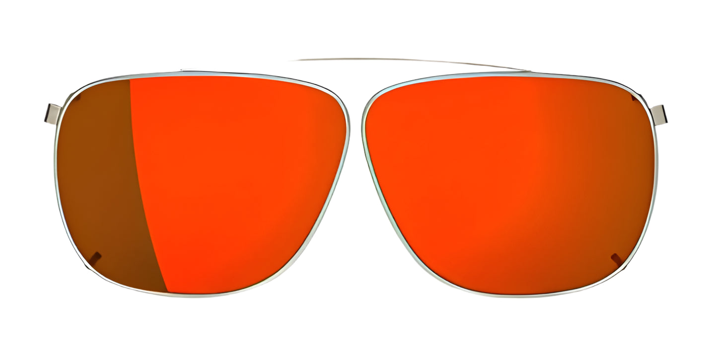 A RE Ranger Sporter Clip-On Lens with orange RIACT A.I. mirrored lenses and a thin metal frame by RE Ranger, shown on a white background. A RE Ranger Sporter Clip-On Lens with orange RIACT A.I. mirrored lenses and a thin metal frame by RE Ranger, shown on a white background.
