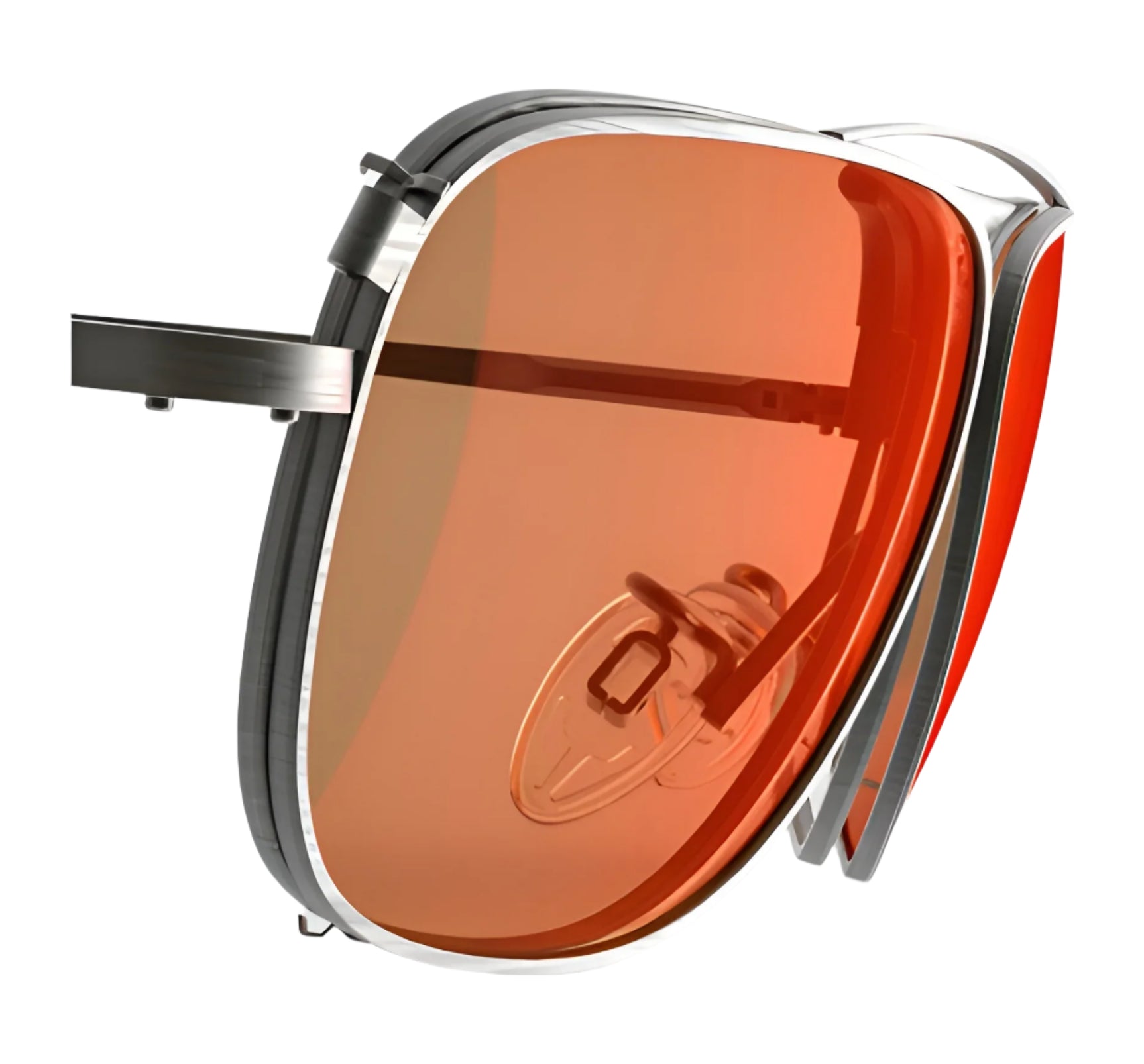 Close-up of RE Ranger Sporter Clip-On Lens sunglasses, showcasing RIACT A.I. lens technology with orange-tinted lenses and silver metallic frames from RE Ranger, displayed on a white background.
