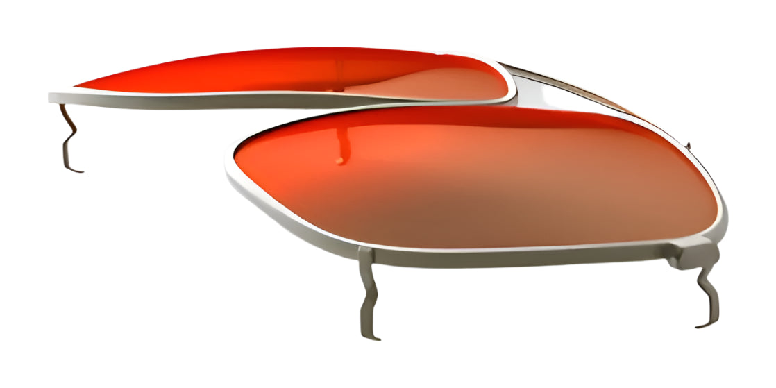 A pair of RE Ranger Sporter Clip-On Lens aviator sunglasses by RE Ranger, featuring orange-tinted lenses and silver frames, shown from the side on a white background. A pair of RE Ranger Sporter Clip-On Lens aviator sunglasses by RE Ranger, featuring orange-tinted lenses and silver frames, shown from the side on a white background.