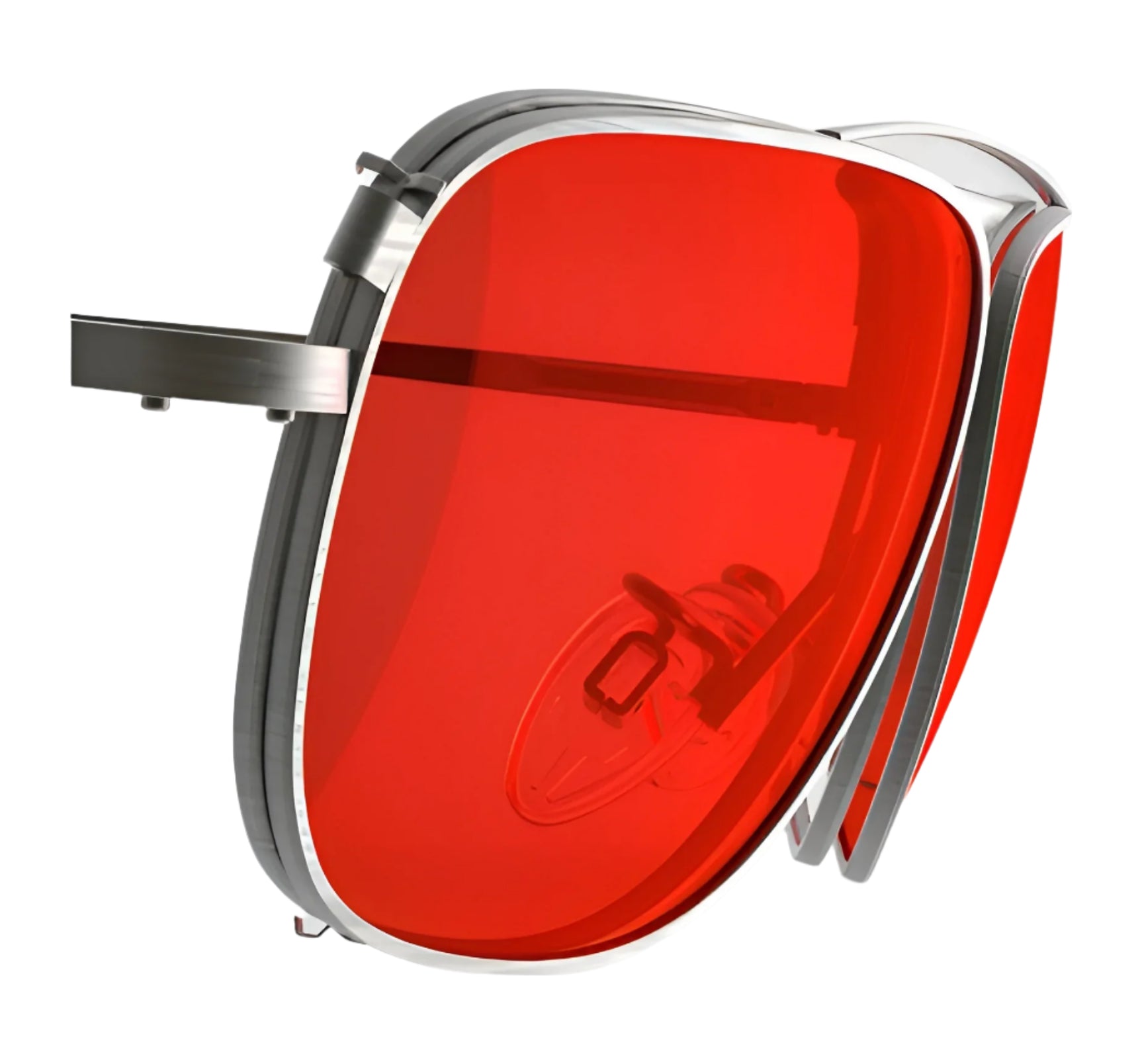 Close-up of RE Ranger Sporter Clip-On Lens, red-tinted aviator sunglasses with a silver frame and RIACT A.I. Sporter lens technology for optimal vision in changing light, set against a white background. Close-up of RE Ranger Sporter Clip-On Lens, red-tinted aviator sunglasses with a silver frame and RIACT A.I. Sporter lens technology for optimal vision in changing light, set against a white background.