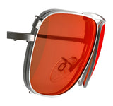 Close-up of RE Ranger Sporter Clip-On Lens with bright orange lenses and silver metal frames by RE Ranger, designed to adapt to changing light conditions.