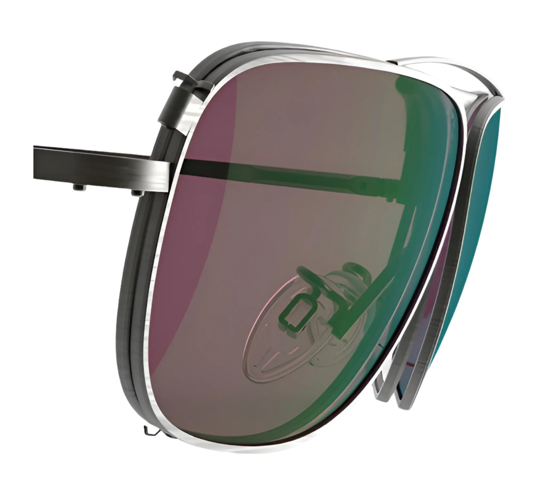 Close-up of RE Ranger Sporter Clip-On Lens sunglasses by RE Ranger, showcasing metallic frames and RIACT A.I. lens technology with reflective, lightly tinted lenses against a white background. Close-up of RE Ranger Sporter Clip-On Lens sunglasses by RE Ranger, showcasing metallic frames and RIACT A.I. lens technology with reflective, lightly tinted lenses against a white background.