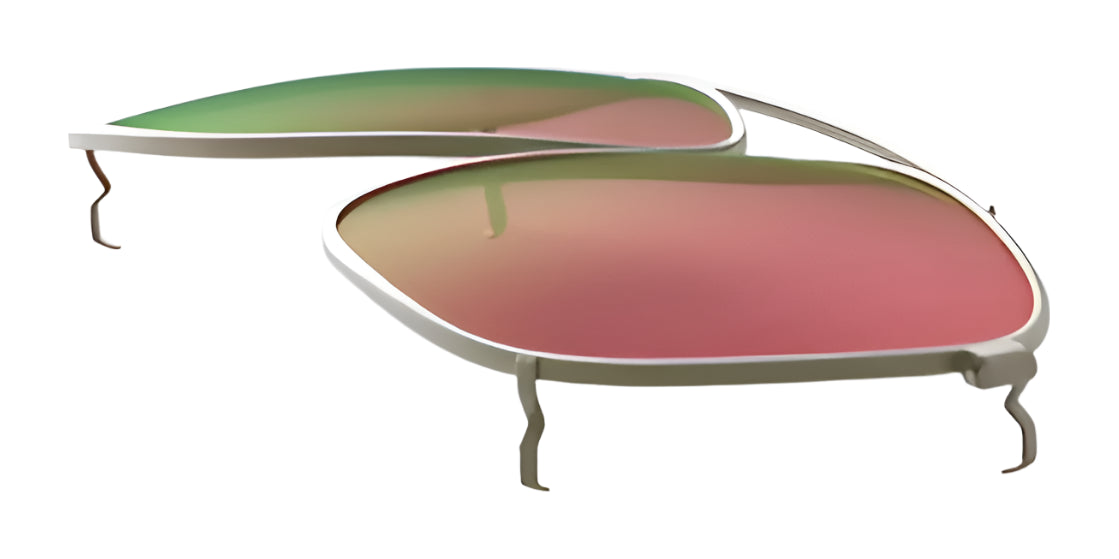 Two detached RE Ranger Sporter Clip-On Lenses by RE Ranger, featuring thin silver frames and a green-pink gradient tint, are shown isolated on white with advanced RIACT A.I. lens technology. Two detached RE Ranger Sporter Clip-On Lenses by RE Ranger, featuring thin silver frames and a green-pink gradient tint, are shown isolated on white with advanced RIACT A.I. lens technology.