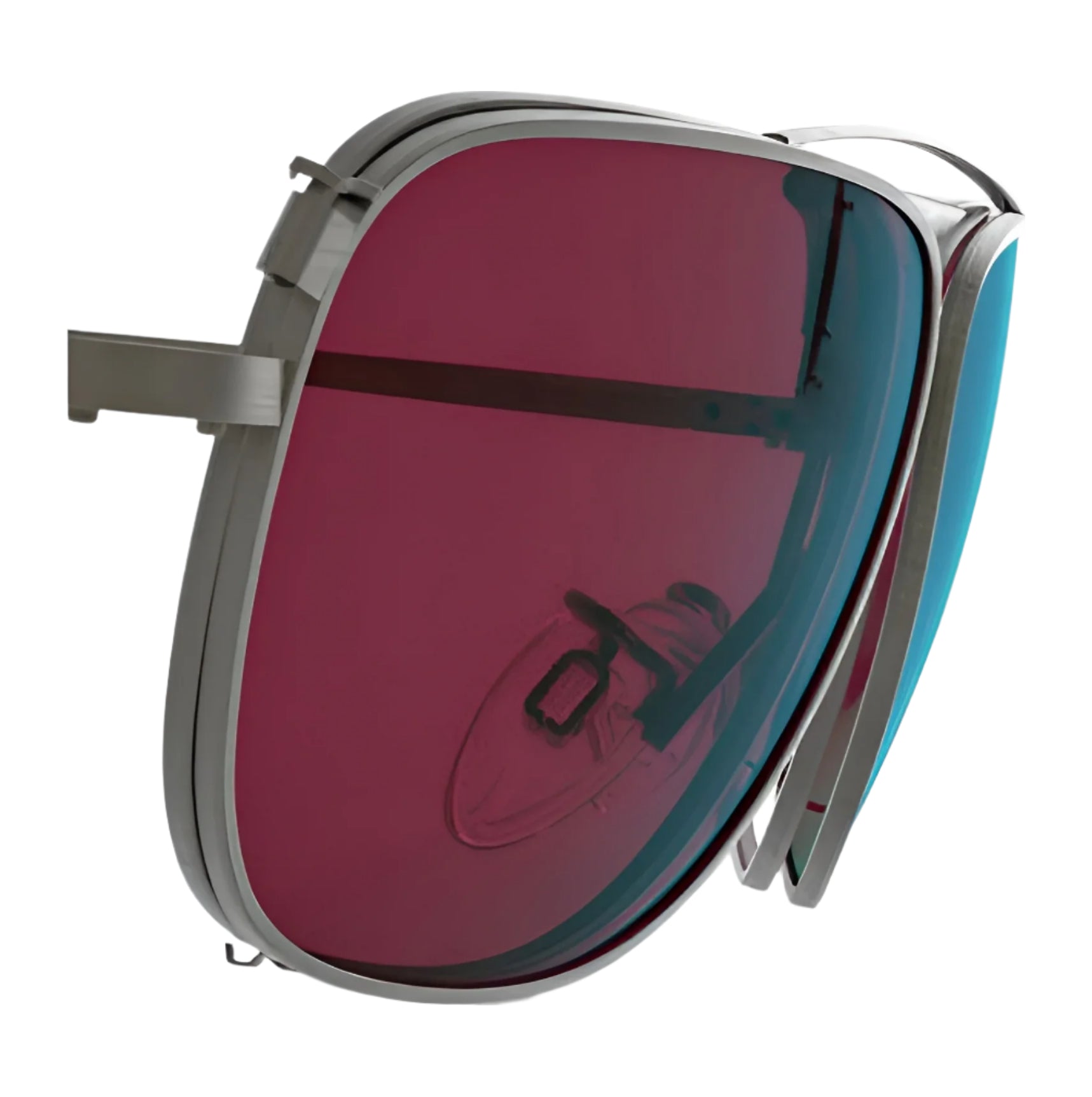 Close-up of oversized, square Sporter sunglasses featuring RE Ranger Sporter Clip-On Lens with pink-tinted RIACT A.I. lenses and sleek silver frames by RE Ranger.