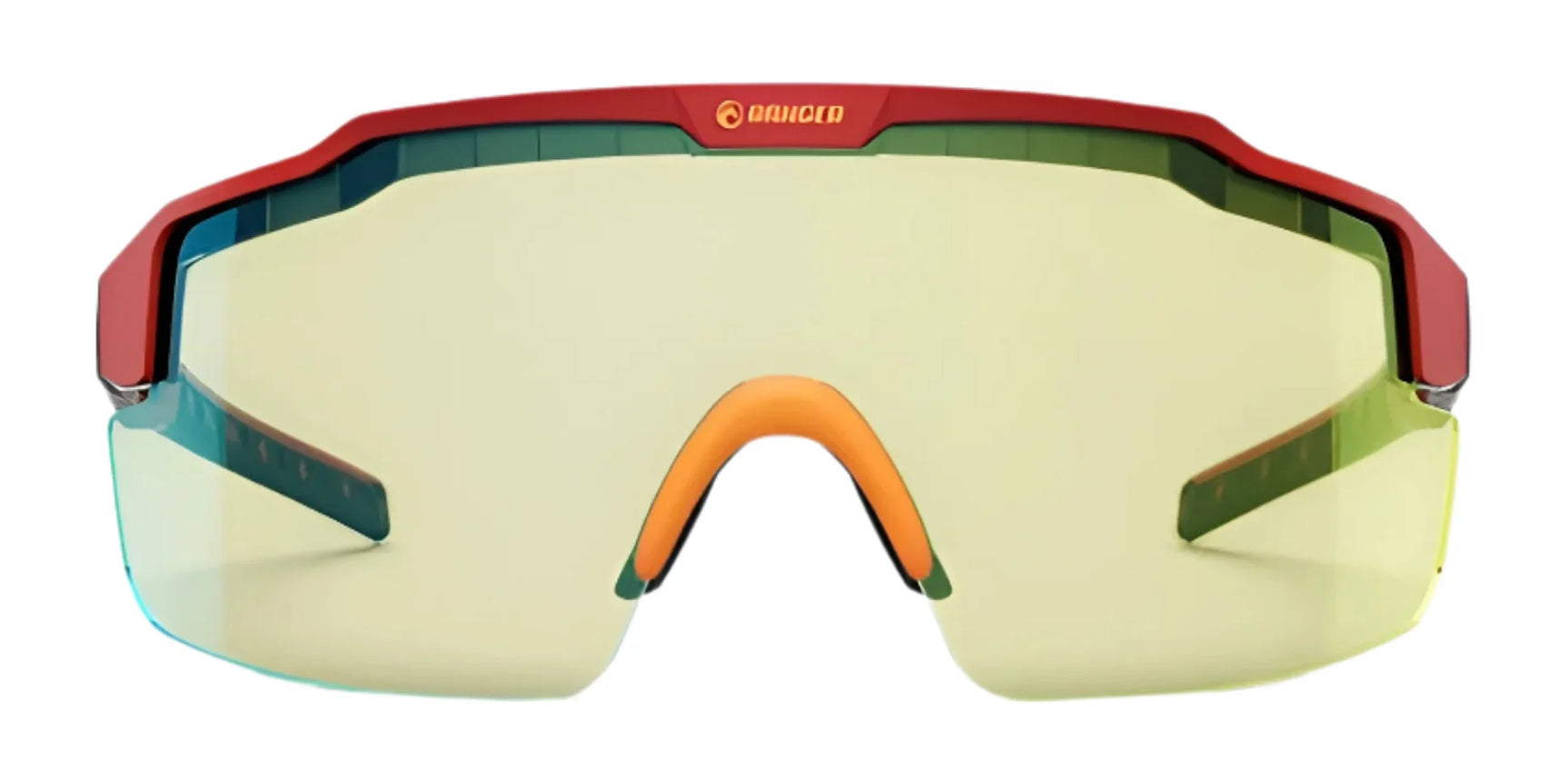 The RE Ranger SuperShot Shooting Glasses by RE Ranger feature ClaySight lenses, a red and green magnetic interchangeable frame, yellow-tinted lens, and orange nose piece, shown from the front. The RE Ranger SuperShot Shooting Glasses by RE Ranger feature ClaySight lenses, a red and green magnetic interchangeable frame, yellow-tinted lens, and orange nose piece, shown from the front.