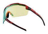 RE Ranger SuperShot Shooting Glasses by RE Ranger, shown from the side, feature red sport frames with black details, yellow-tinted semi-rimless ClaySight lenses, and a magnetic interchangeable design.