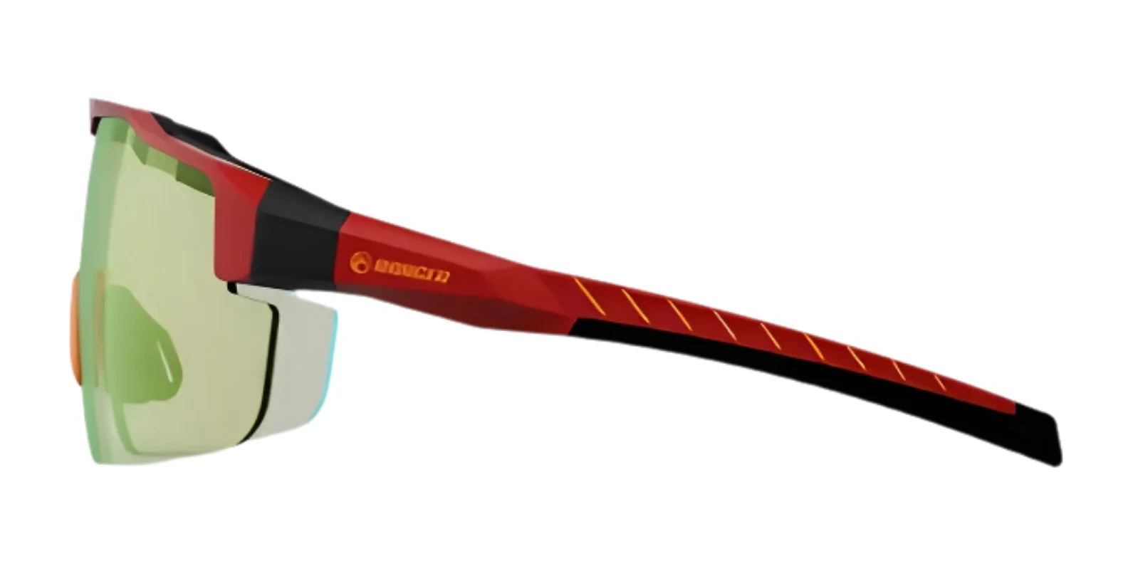 RE Ranger SuperShot Shooting Glasses by RE Ranger, featuring red and black frames with greenish ClaySight lenses, displayed from the side on a white background. RE Ranger SuperShot Shooting Glasses by RE Ranger, featuring red and black frames with greenish ClaySight lenses, displayed from the side on a white background.