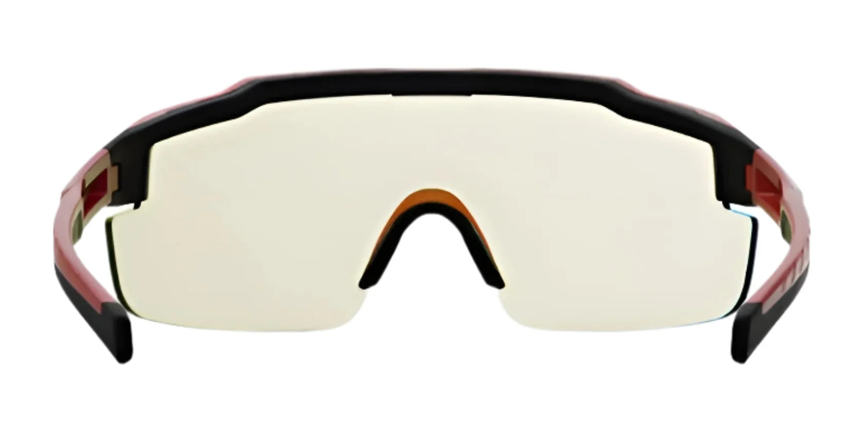 The RE Ranger SuperShot Shooting Glasses by RE Ranger feature a sporty wraparound design, single wide ClaySight lens, black frame with red accents, and a magnetic interchangeable frame, ideal for active lifestyles. Shown on a white background.