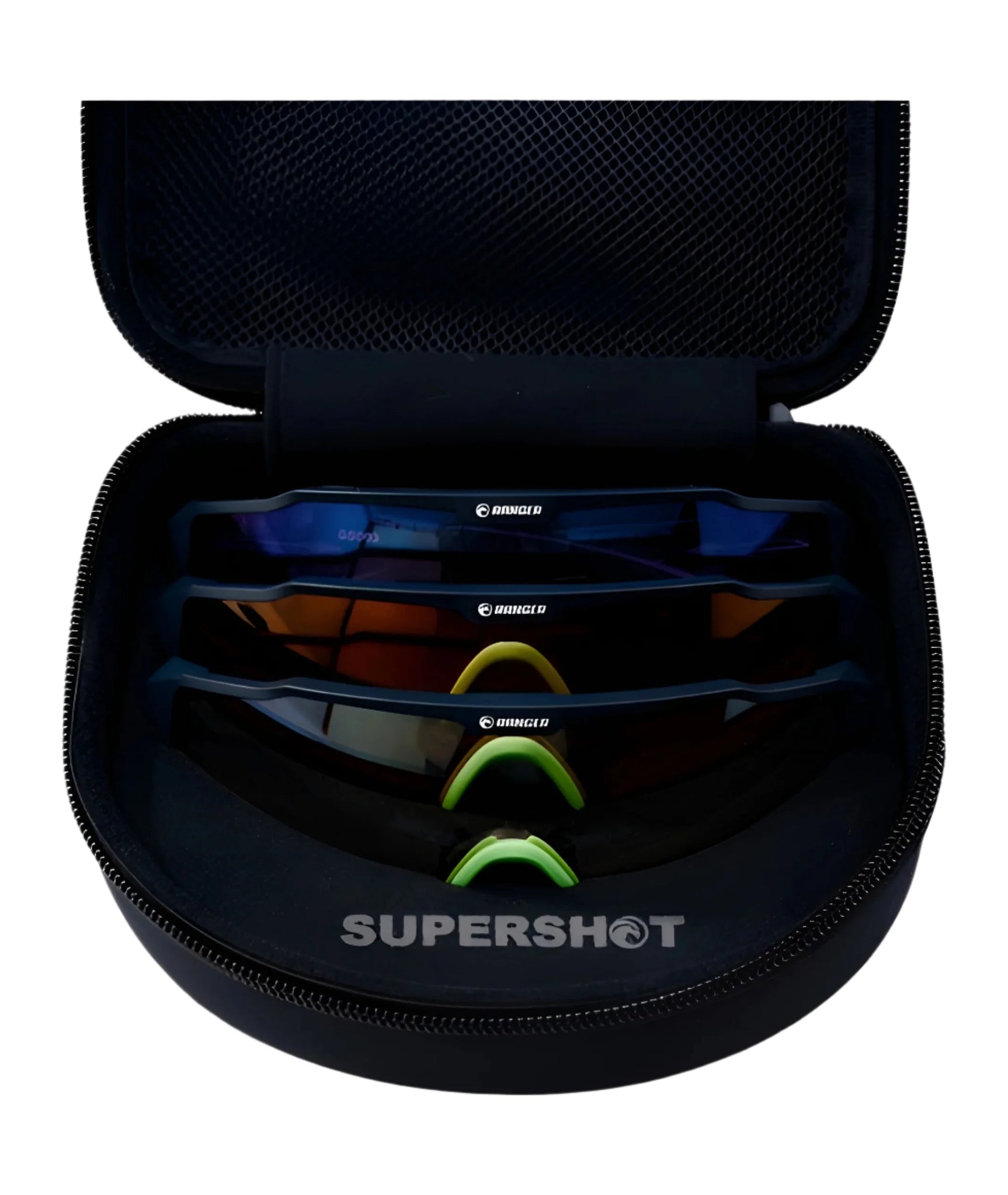 Three RE Ranger SuperShot Shooting Glasses with magnetic interchangeable frames and ClaySight lenses, neatly arranged in a black RE Ranger zip case, viewed from above.