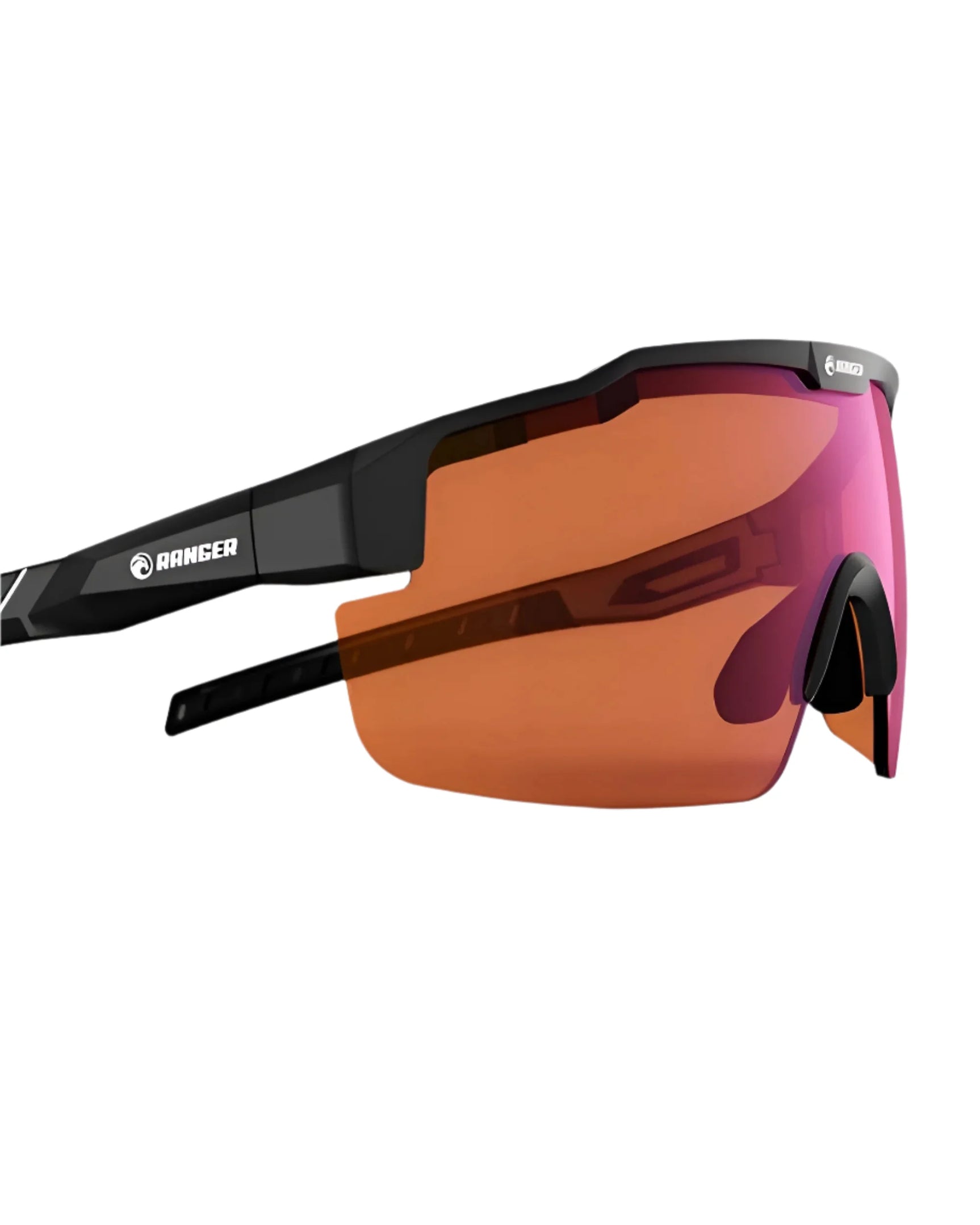 The RE Ranger SuperShot Shooting Glasses by RE Ranger feature a large orange-tinted ClaySight lens, black frame with “Ranger” branding, and a magnetic interchangeable design for quick lens swaps and peak performance.
