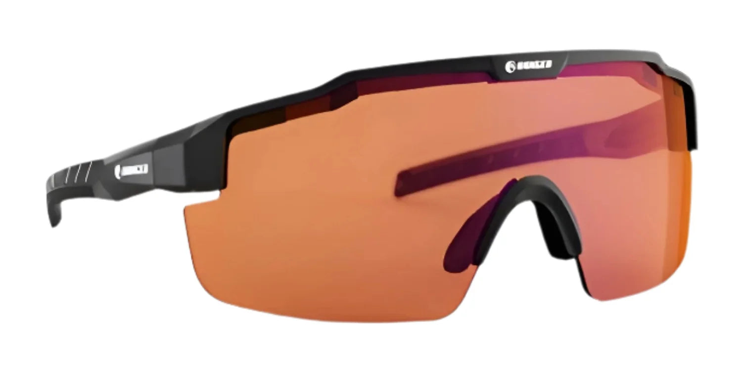 The RE Ranger SuperShot Shooting Glasses by RE Ranger feature a black magnetic interchangeable frame and wide orange-tinted lenses, perfect for outdoor activities.