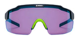 The RE Ranger SuperShot Shooting Glasses by RE Ranger feature a single ClaySight lens, black frame, and green nosepiece in a purple sports sunglasses design, shown from the front.