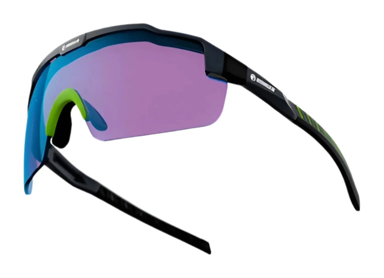 RE Ranger SuperShot Shooting Glasses by RE Ranger feature purple-tinted ClaySight lenses, black frames, and green accents on the nose piece and arms.