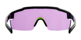 RE Ranger SuperShot Shooting Glasses by RE Ranger shown from the front, featuring a black frame, single pink-tinted ClaySight lens, and green nose pad.